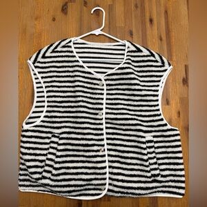 Striped Fuzzy Button-Front Vest - Black & White